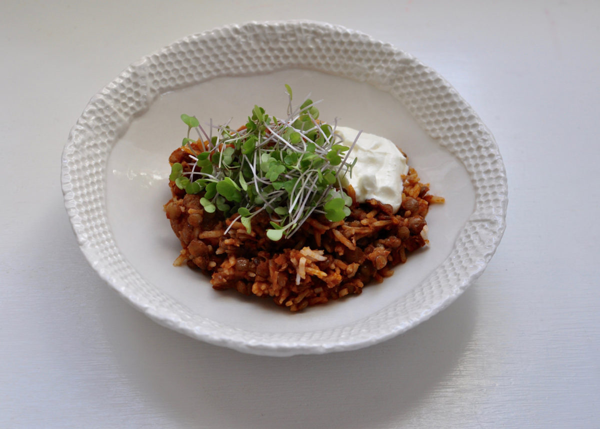 Curried Lentils with Chorizo & Microgreens